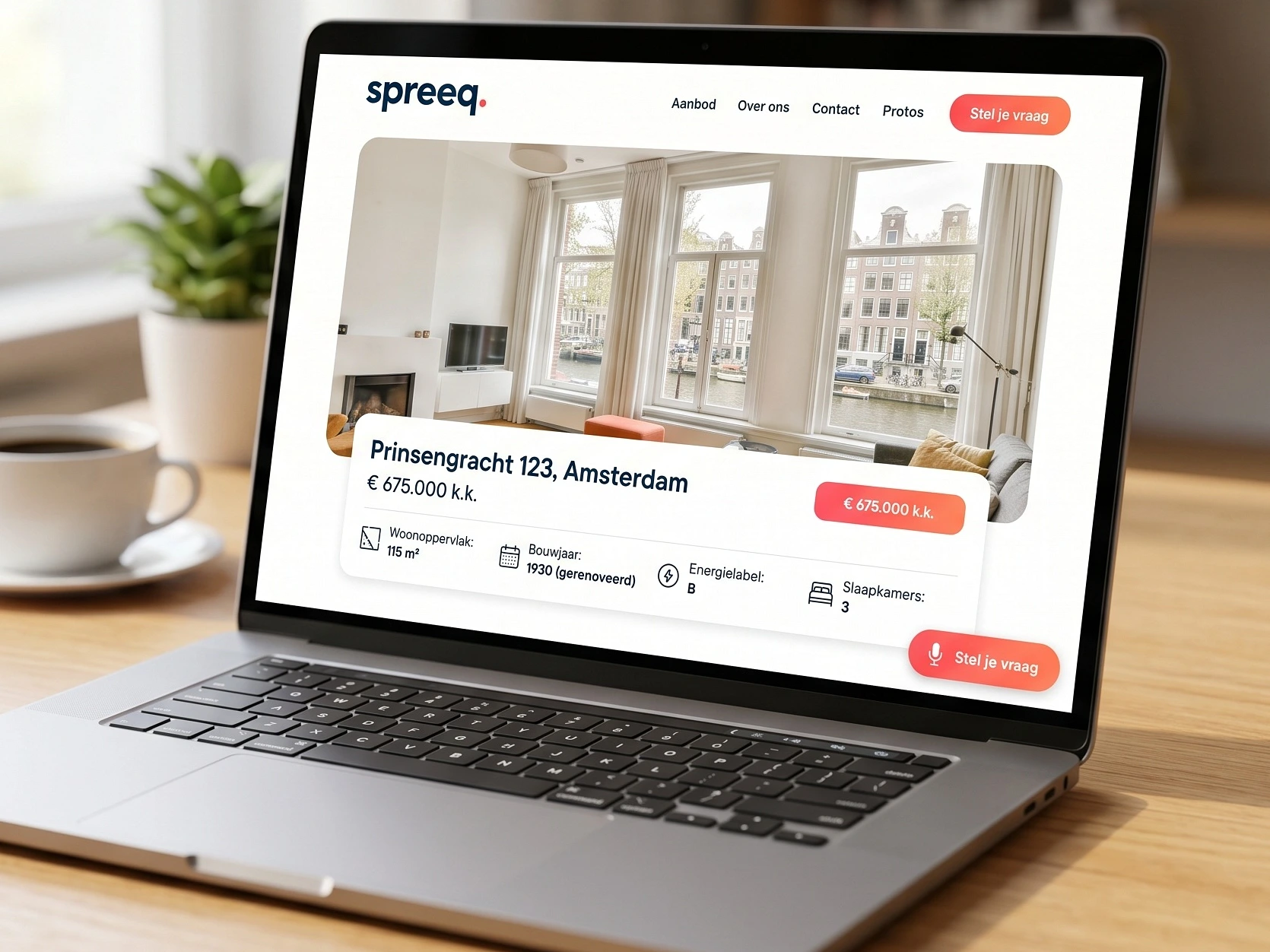 Een echte spreeq woningpagina op een laptop: jouw listing wordt automatisch een eigen pagina, met de woning die antwoord geeft.